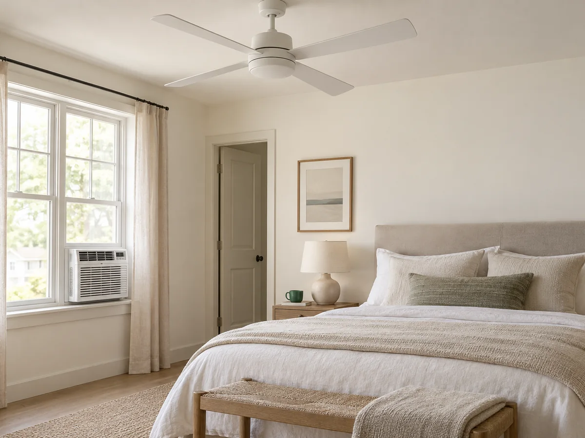 A ceiling fan in a bedroom with a window air conditioner below the window.