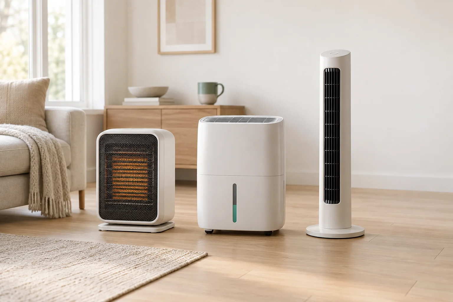 A space heater, a dehumidifier and a tower fan standing in a row on a light oak floor.
