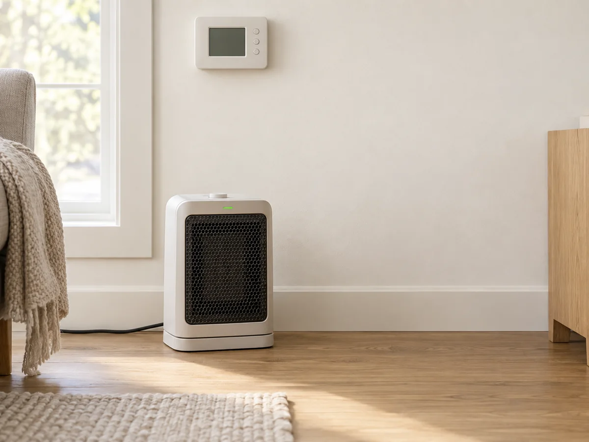 A small ceramic space heater on the floor below a wall thermostat.