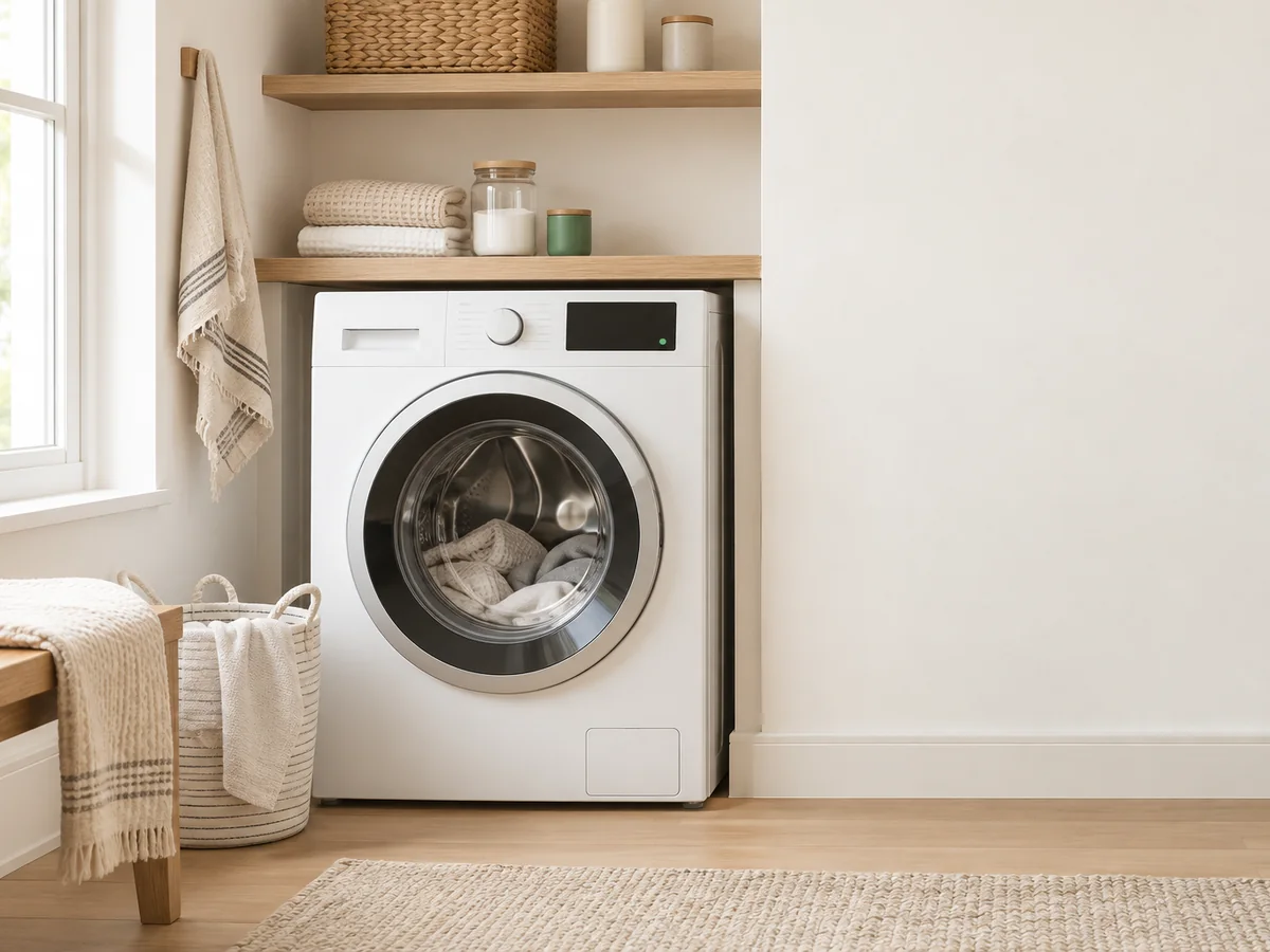 A front-load washing machine in a bright laundry nook.