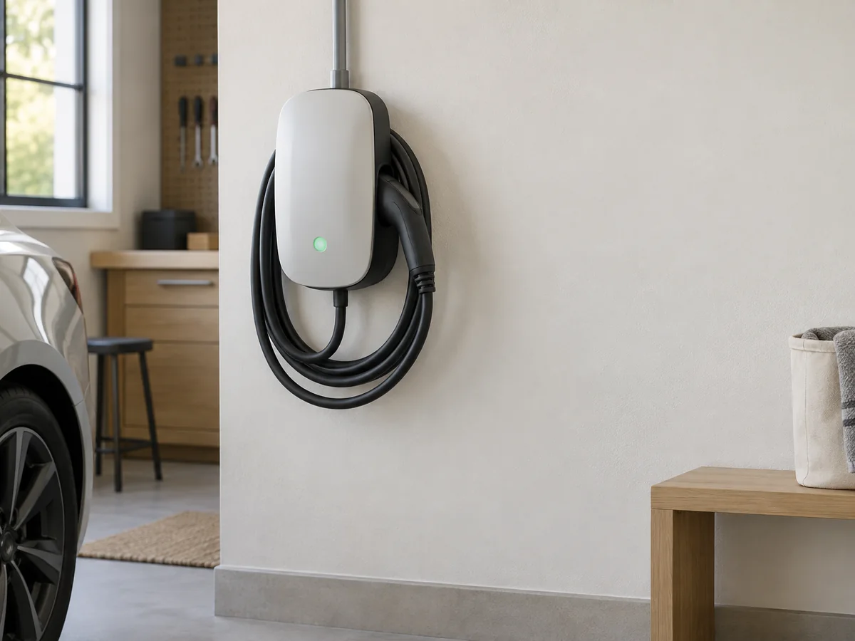 A wall-mounted home EV charger with its cable coiled.