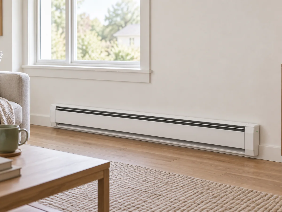 An electric baseboard heater below a living room window.