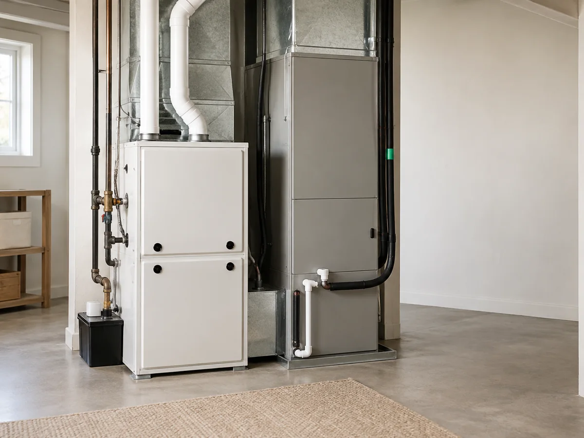 A gas furnace beside a heat pump air handler in a basement utility room.