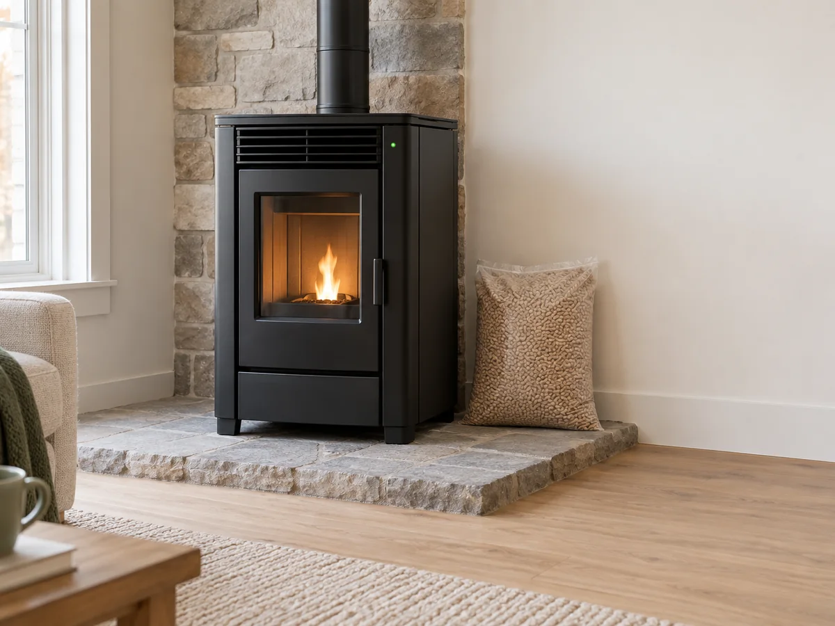 A freestanding pellet stove on a stone hearth with a bag of pellets.