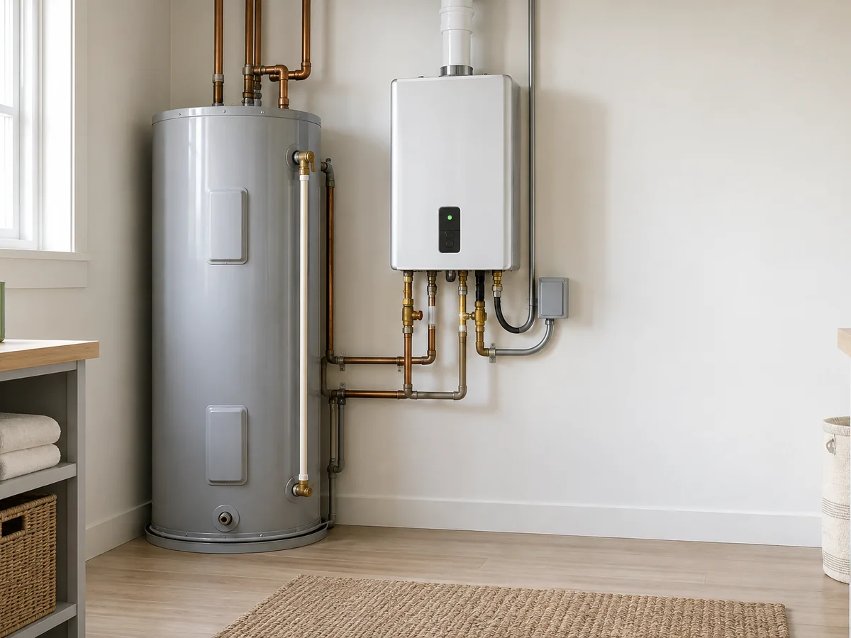 A tankless water heater beside a tank water heater in a utility room.