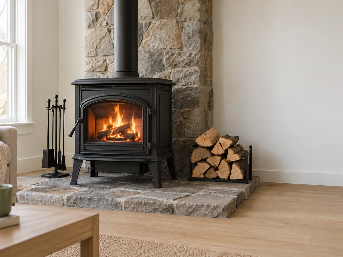 A cast iron wood stove with split firewood on a stone hearth.