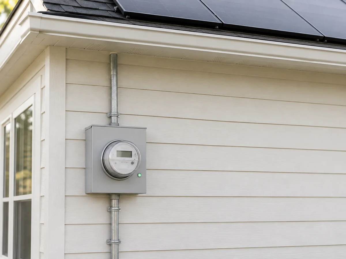 An electric meter on a house wall below a roof with solar panels.
